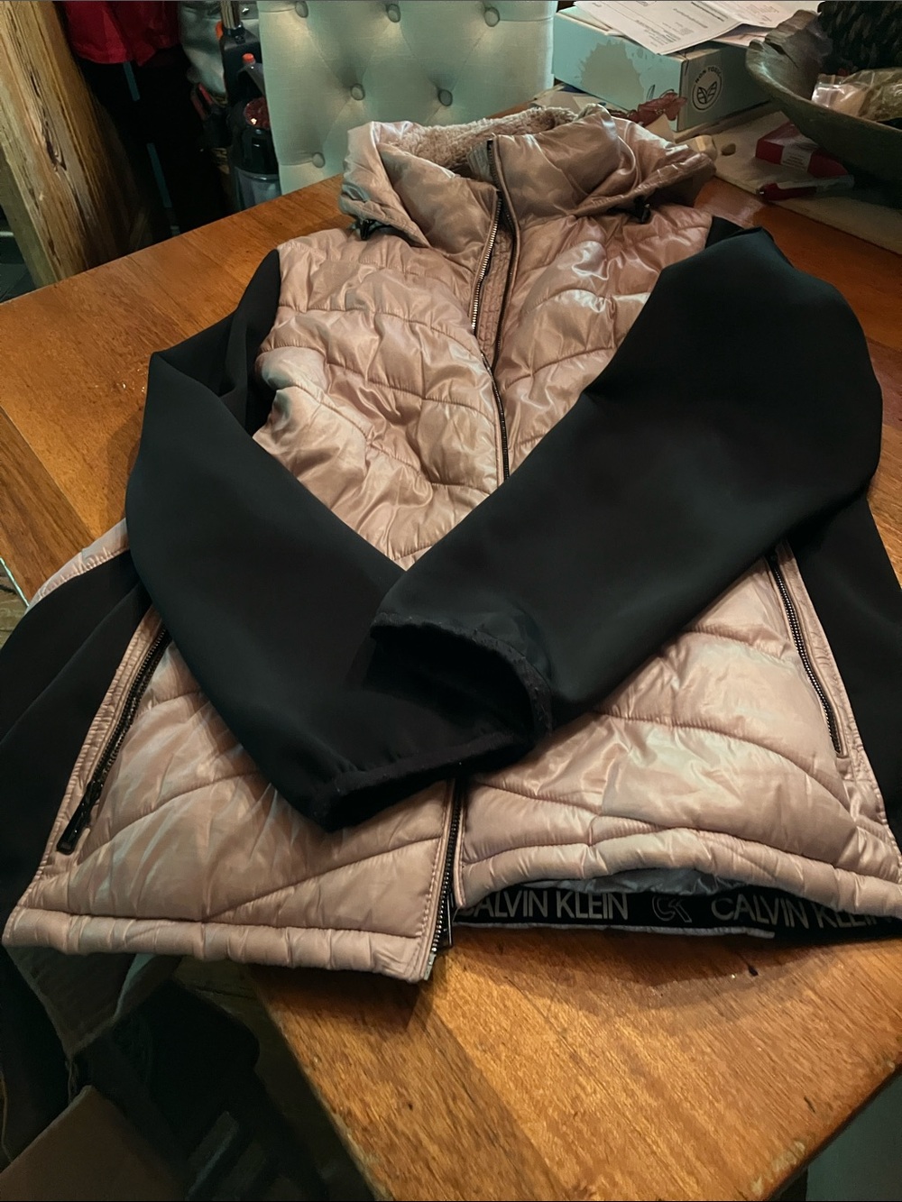 Calvin Klein Women's Black Sleeve Taupe Puffer Jacket